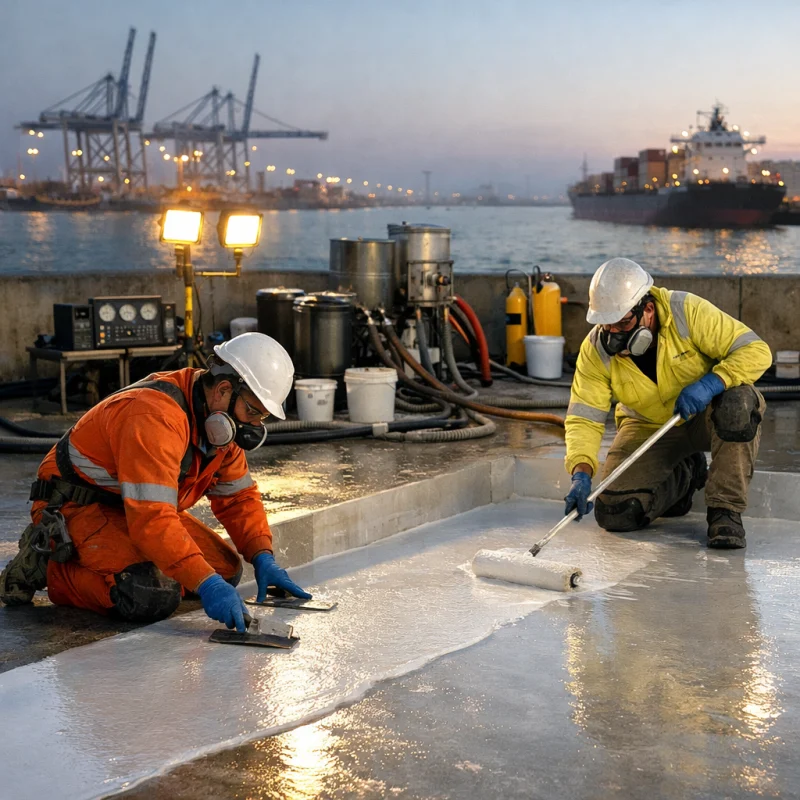 Technicians applying a Steelecrete-style industrial lining to a concrete containment area with a port skyline in the background