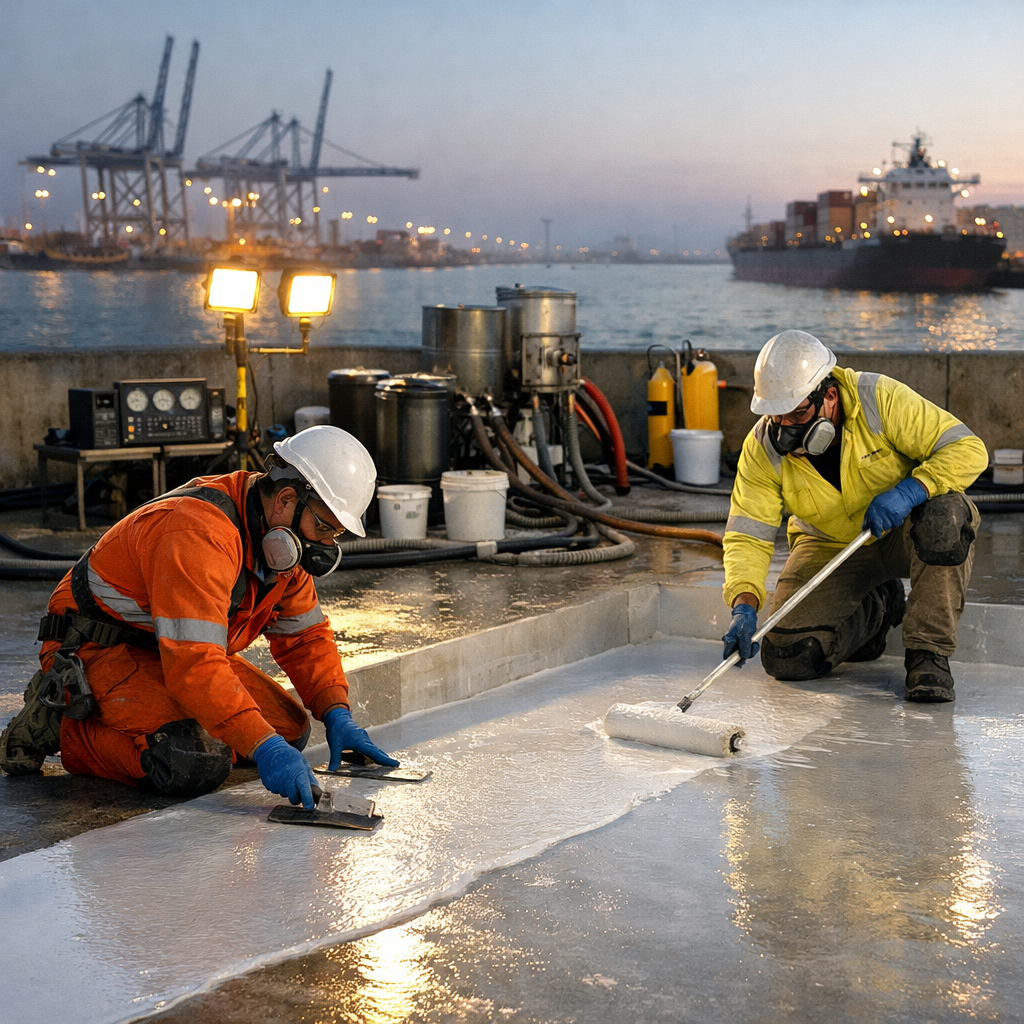 Technicians applying a Steelecrete-style industrial lining to a concrete containment area with a port skyline in the background